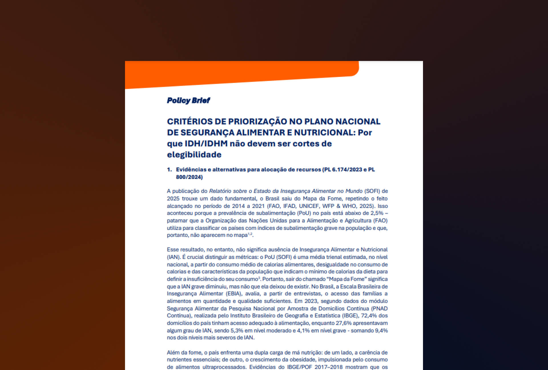 Critérios de Priorização no plano nacional de Segurança Alimentar e Nutricional: Por que IDH/IDHM não devem ser cortes de elegibilidade (Policy Brief 1)
