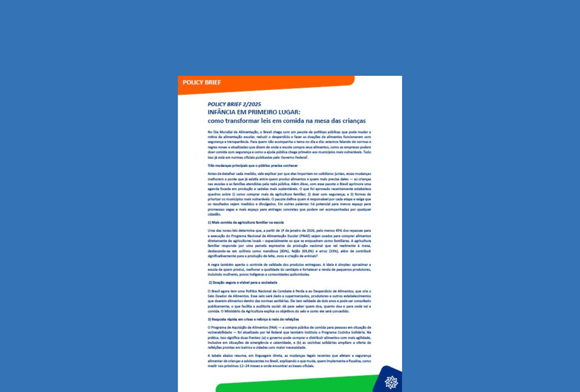 INFÂNCIA EM PRIMEIRO LUGAR: Como transformar leis em comida na mesa das crianças (Policy Brief 2)